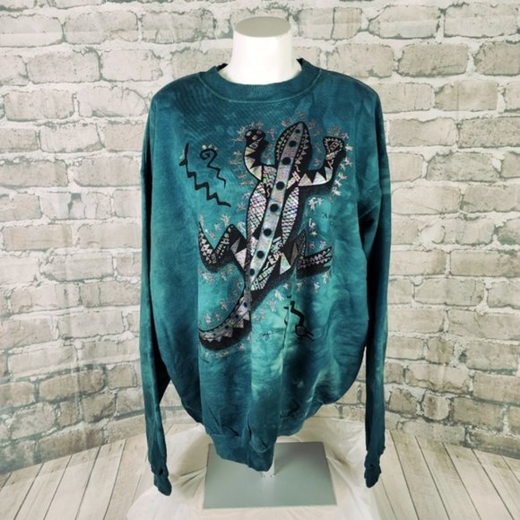 Vintage Dagoli Anazi Gecko Tie Dye Sweatshirt Teal Green Iridescent Graphic LG - Picture 1 of 13
